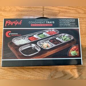 New Parini Stainless Steel Condiment Trays with Acacia Wood Caddy